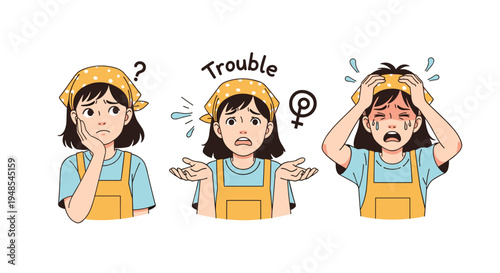 Female character wearing an apron showing expressions of confusion trouble and distress in three different expressive poses.