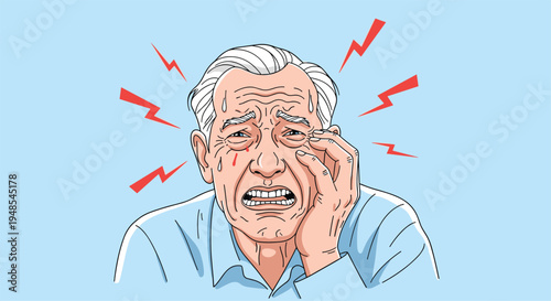 Elderly man suffering from a severe headache with red lightning bolt icons representing sharp pain around his head in a blue scene.