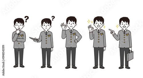 Young male student in a gray school uniform exhibiting multiple positive and thoughtful expressions including giving an okay sign and pointing.