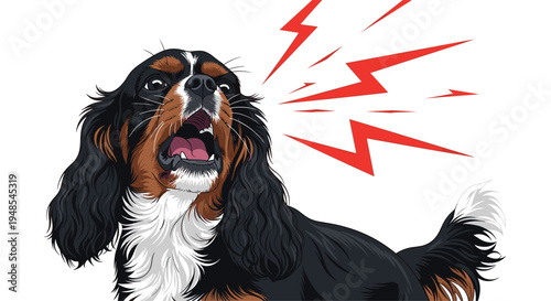 Aggressive dog barking loudly with sharp red lightning bolts coming from its mouth to represent anger, noise, or warning signals.
