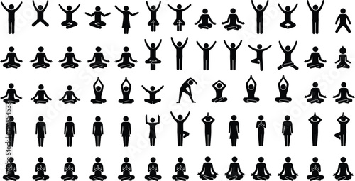 Yoga poses silhouettes, meditation posture illustration, fitness activity vector, spiritual lifestyle design, exercise positions concept, wellness practice silhouettes, healthy living illustration