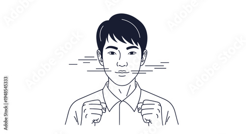 Strong and determined young man with clenched fists looking forward with confidence and power in a black and white illustration.