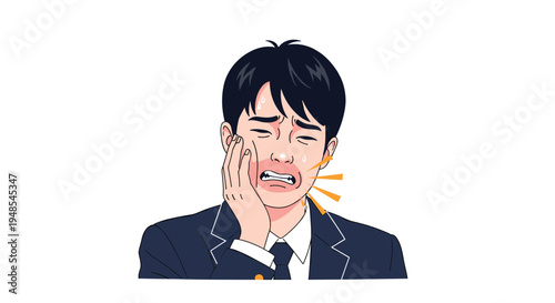 Teenage boy in a school uniform suffering from a severe toothache or facial pain while holding his swollen and red cheek.