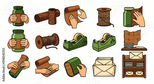 Hands wrapping gifts with paper, tape, and string, preparing packages for shipping and mailing