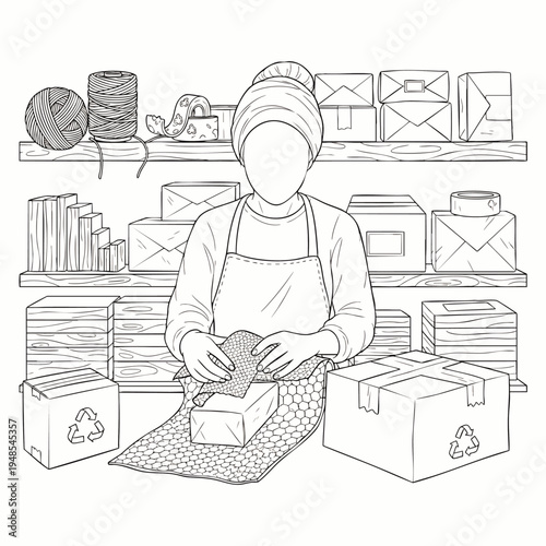 Person wrapping packages with bubble wrap in a workshop filled with boxes and shipping supplies, line art illustration.