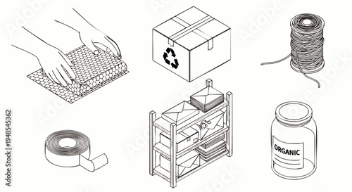 Illustration of packaging and shipping supplies, including bubble wrap, tape, box, string, and shelving with mail.