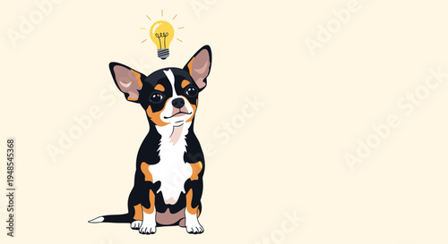 Intelligent Chihuahua dog sitting and looking up with a glowing yellow lightbulb above its head symbolizing a bright idea or understanding.