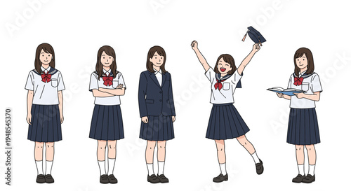 Group of female students in various school uniforms, including traditional sailor suits and blazers, in different poses like studying and celebrating.