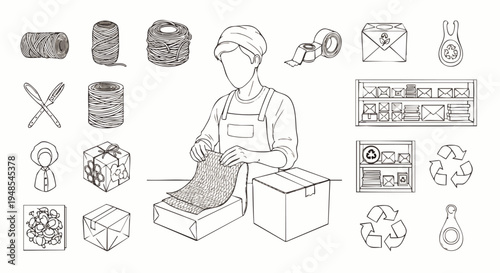 Hand-drawn illustration of a person packing a box with various shipping and packaging supplies, symbolizing e-commerce and logistics.