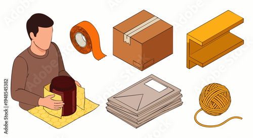 Isometric illustration of shipping and packing supplies: person wrapping item, tape, box, envelopes, string ball, and shelf.