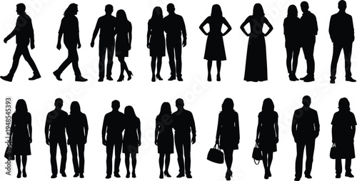 Human silhouettes collection, diverse people poses, walking and standing figures, casual attire illustration, male and female diversity, posture interaction concept