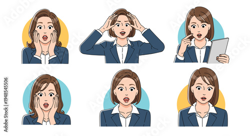 Dynamic set of a young businesswoman in a navy suit reacting with surprise and amazement to different situations including mobile device usage.
