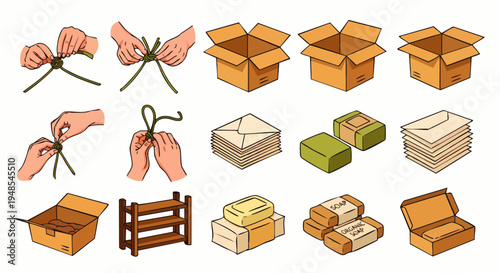 Step-by-step illustration of packing and shipping supplies: boxes, envelopes, and tying knots