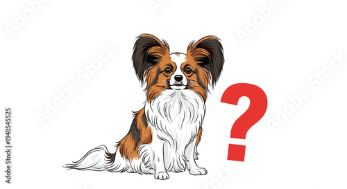Elegant Papillon dog sitting down and looking curious with a large red question mark beside it to express confusion or a question.