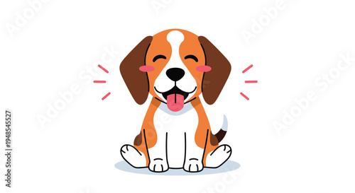 Happy cartoon beagle puppy sitting happily on a white background with its tongue out and eyes closed in a joyful expression.