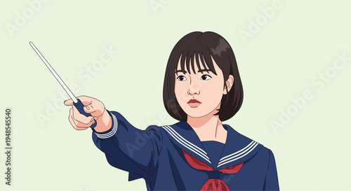 Young female Japanese student in a traditional school uniform pointing a conductor baton with a serious and focused look.