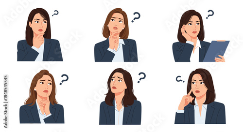 Illustration set of a professional businesswoman in various poses showing confusion and deep thought with question marks.