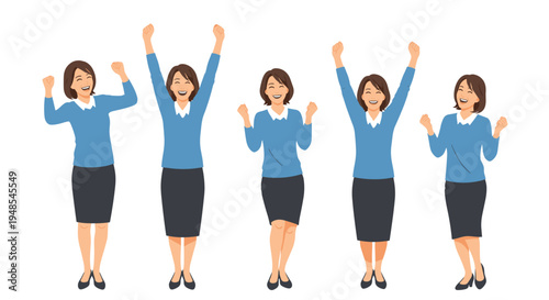 Group of five happy businesswomen in corporate attire celebrating together with their arms raised in excitement and victory.