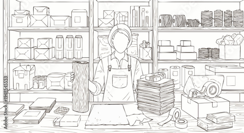 Small business owner preparing packages for shipping in a retail store with shelves full of inventory.