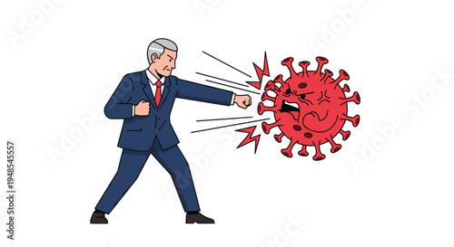 Powerful illustration of a businessman in a suit punching a giant red coronavirus cell to symbolise victory over the virus.