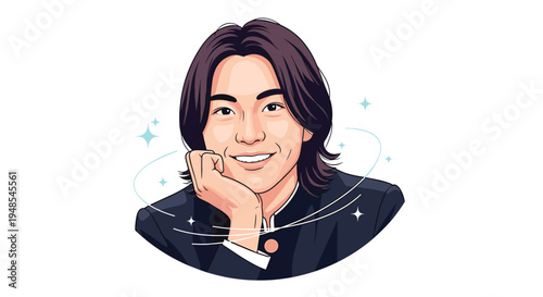 Portrait of a handsome young man with long hair smiling while resting his face on his hand with sparkling stars background.