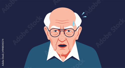 Close up of an elderly man with glasses looking shocked and worried with drops of sweat on his face against a dark backdrop.