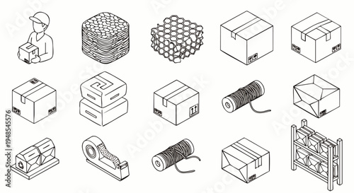 Isometric Icons: Delivery Boxes, Packaging Supplies, Shipping, Logistics, Warehouse, Courier, Tape Dispenser, String