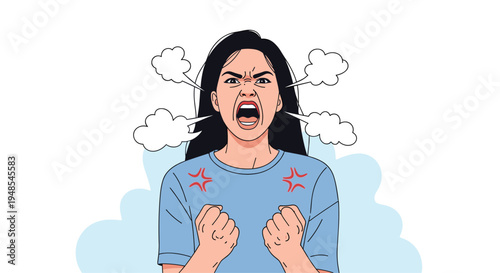 Furious woman screaming with her mouth wide open and steam clouds coming out of her ears to show intense anger and frustration.