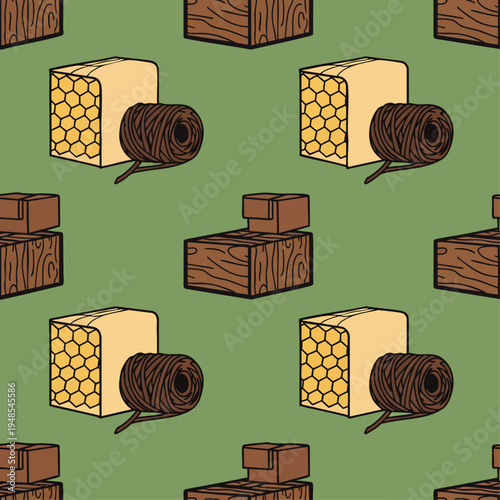 Seamless pattern of beekeeping equipment: hive frames, honeycomb sections, and wooden boxes on a green background