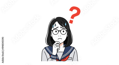 Japanese schoolgirl with glasses looking puzzled and scratching her chin with a large red question mark symbol above her head.