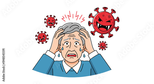 Worried senior man holding his head in panic as multiple red coronavirus cells swarm around him during the health pandemic.