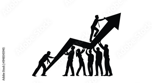 Business people working together to push growing success arrow upward in teamwork and collaboration concept for corporate growth and development