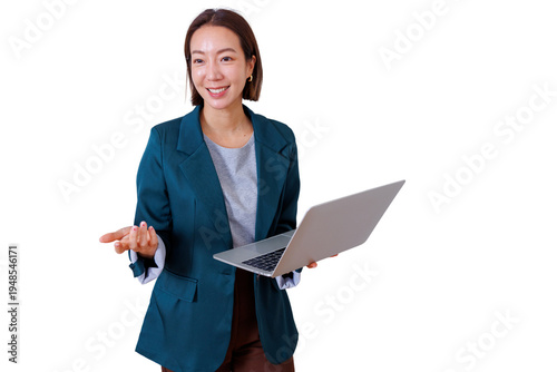 Asian businesswoman smiling and gesturing while holding laptop, presenting or explaining on transparent background