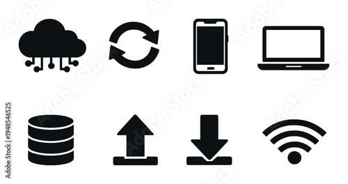 Cloud sync and device icons arranged on dark gray background