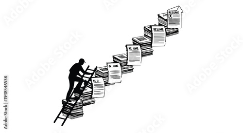 Businessman climbing stairs made of paperwork documents to success in corporate career advancement concept