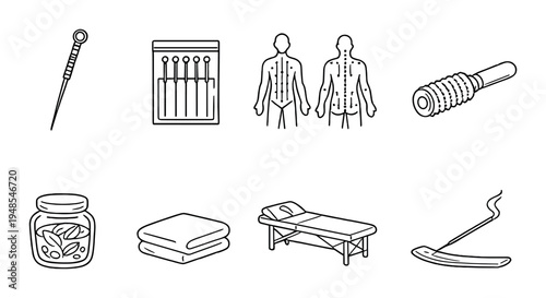 Acupuncture and traditional therapy tools on dark background