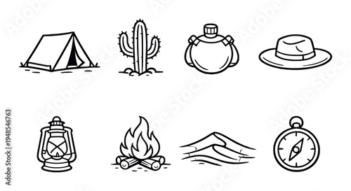 Desert camping icons arranged on gray background surface