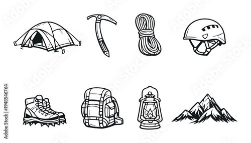 Mountaineering gear icons arranged on gray background surface