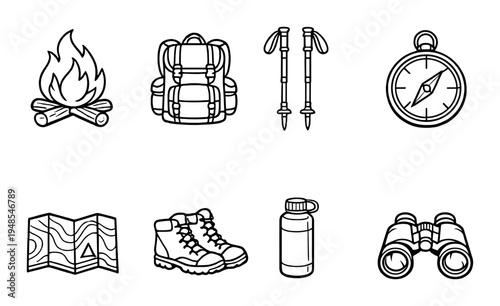 Camping and hiking gear icons arranged on dark gray background
