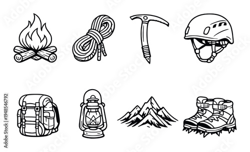 Camping and mountain climbing icons arranged on dark background