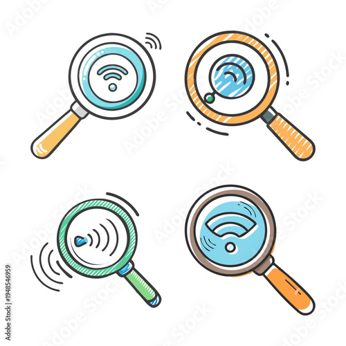 Hand-drawn magnifying glass icons with wifi symbols, set of 4 colorful doodle search loupes, wireless network discovery and signal scanning graphics