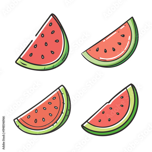 Watermelon slices vector set, fresh red fruit wedges with black seeds, hand drawn summer food icons, 4 organic melon elements for healthy snack design