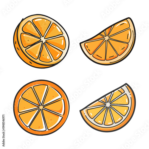 Fresh orange slices and citrus fruit wedges set, hand drawn cartoon style orange fruit icons, organic citrus segments for juice packaging