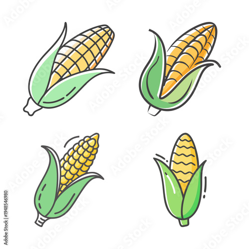 Set of four hand-drawn corn on the cob icons, isolated on white background.