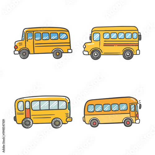 Set of four yellow school buses, representing transportation for students and education.
