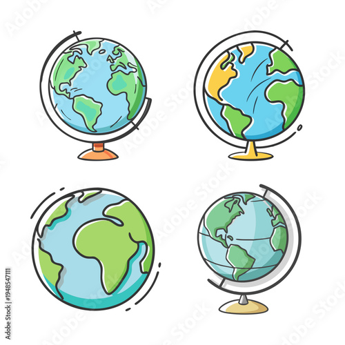Four globes depicting Earth, educational tools for geography and world studies.
