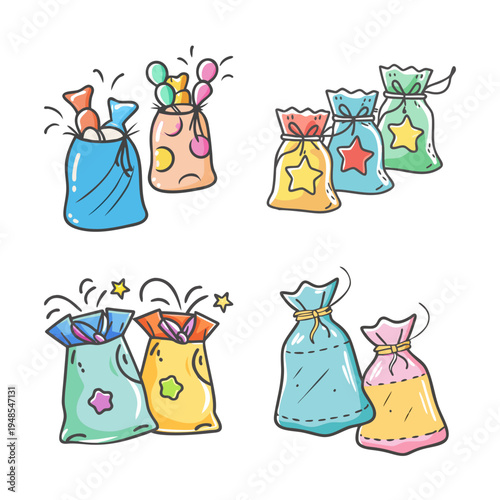 Hand drawn colorful gift bags collection, whimsical party favor sacks with stars and candy, festive celebration treat bag set in SVG format