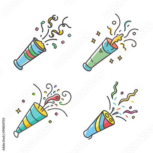 Four festive confetti cannons exploding with streamers and glitter, hand-drawn style.