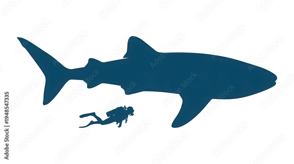Obraz premium Whale shark and scuba diver silhouette, ocean scale comparison illustration isolated on white background 