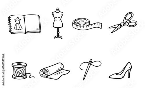 Sewing tools with dress form and sketchbook on gray backdrop